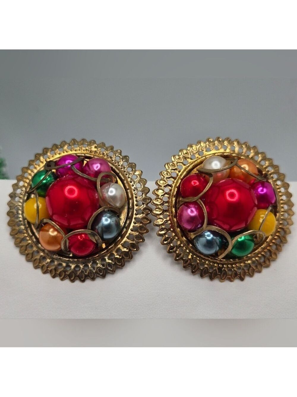 ✨2/$10✨ Multicolor Beaded Gold Tone Stud Earrings Bold Boho Colorful 1.5"